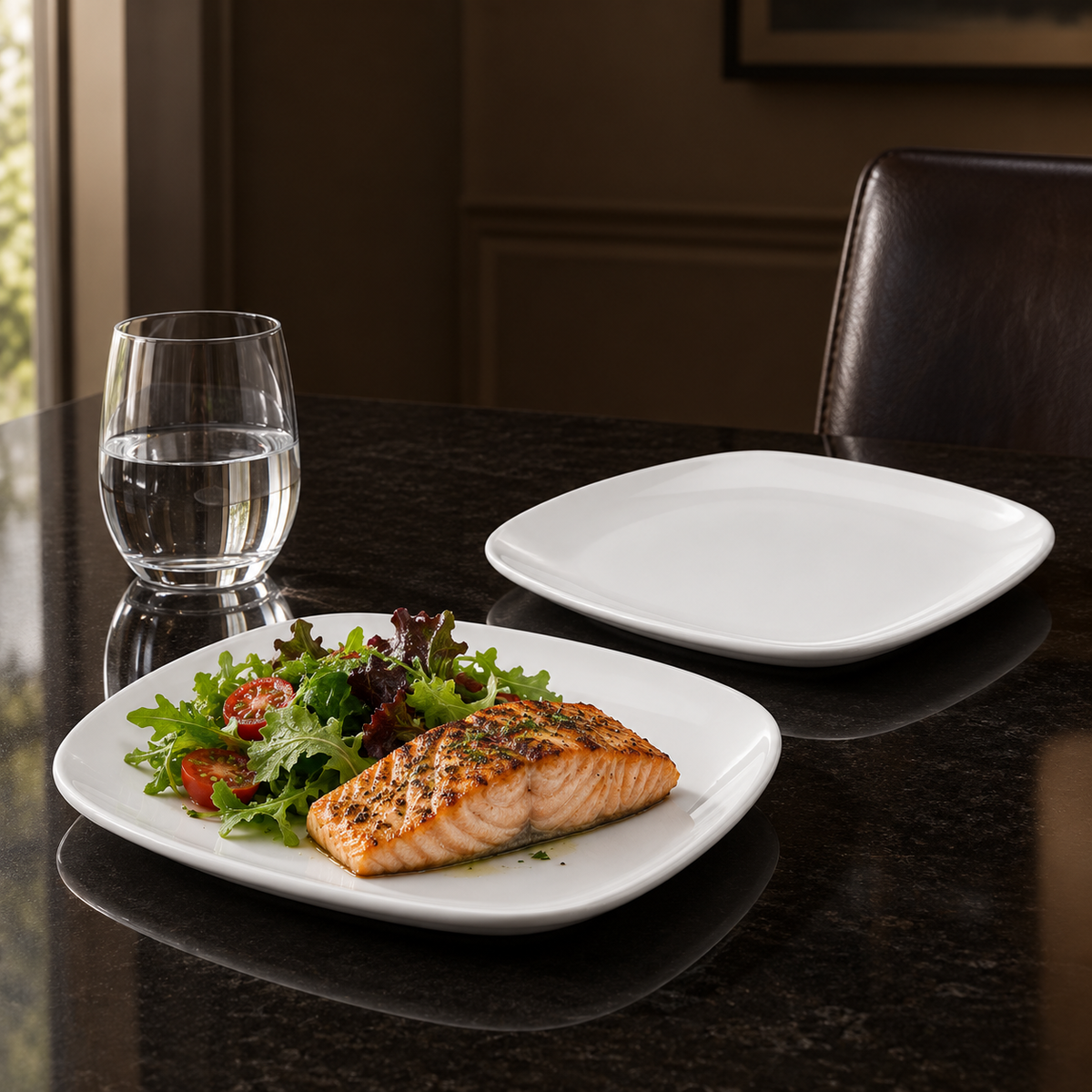 P-808 plates served with salmon and salad on a dining table