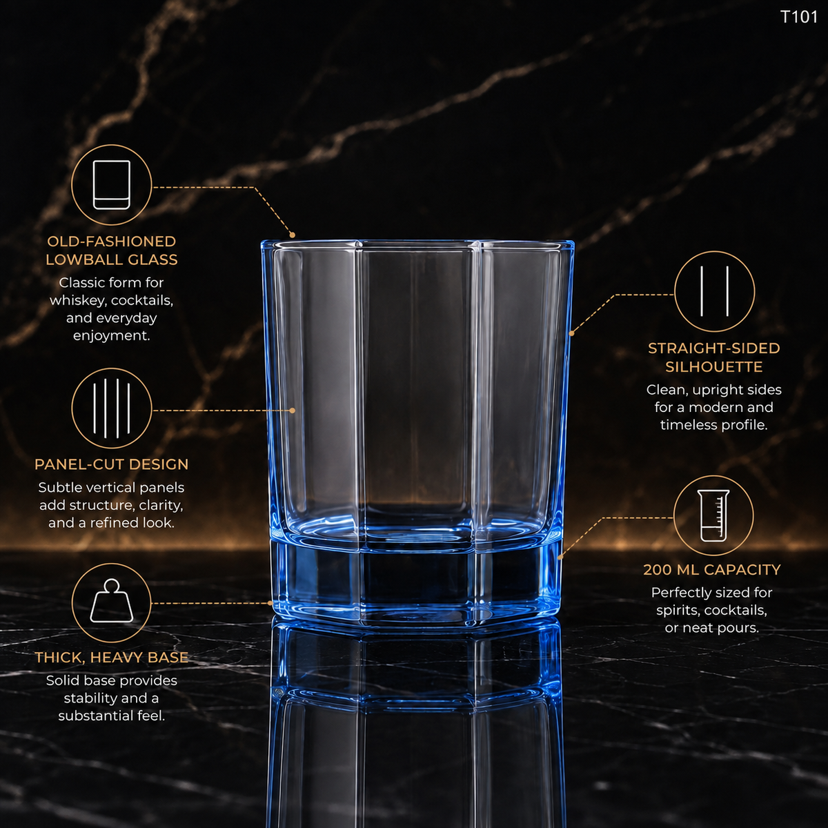 T101 old fashioned lowball glass feature infographic