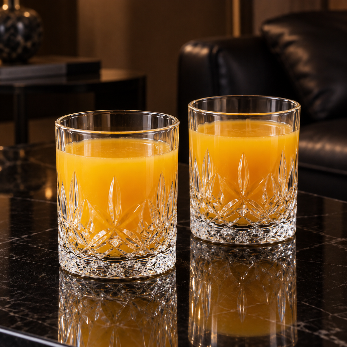 Lowball glasses with orange juice in living room