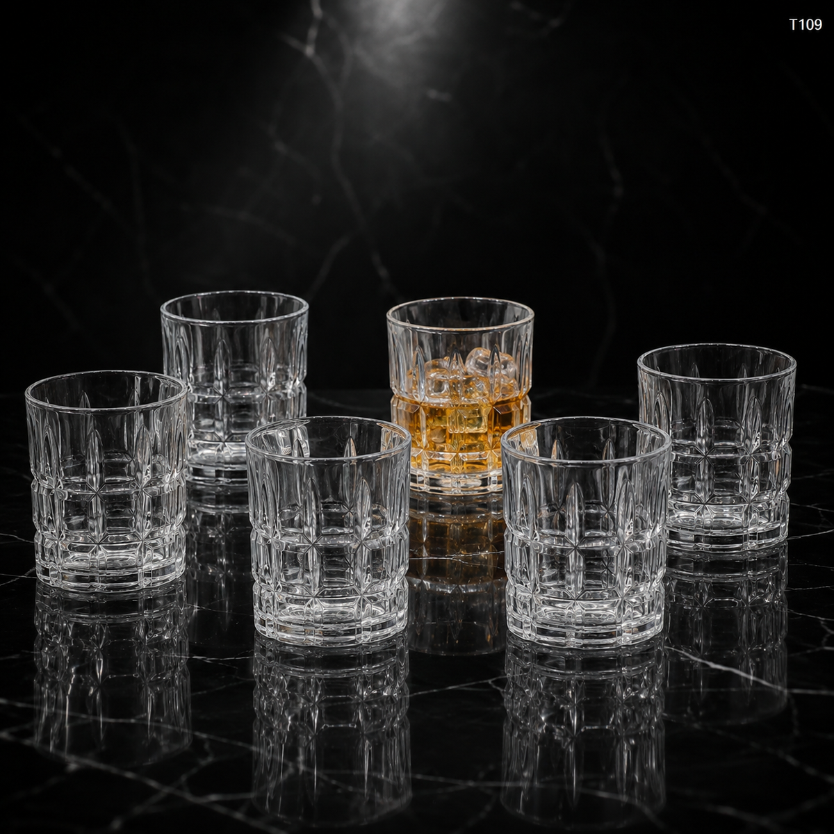 T109 old fashioned lowball glass dark view