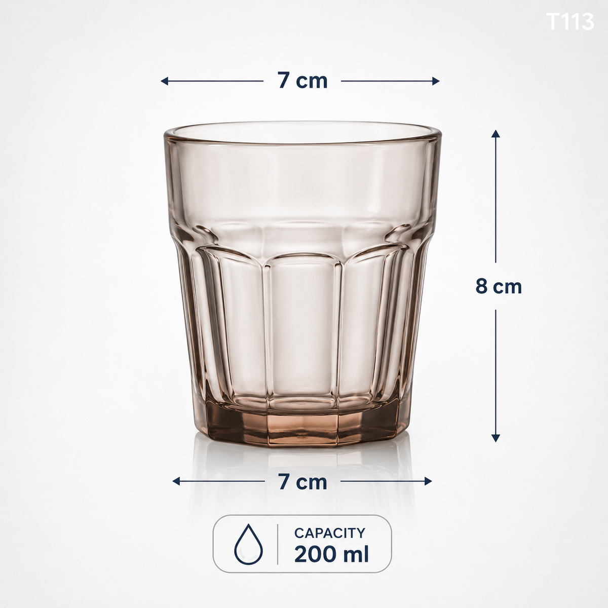 T113 old fashioned lowball glass dimensions 7 x 7 x 8 cm and 200 ml