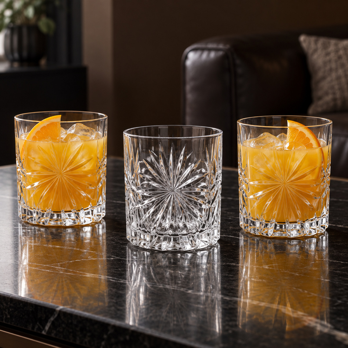 T-121 tumblers with fresh orange juice in a living room