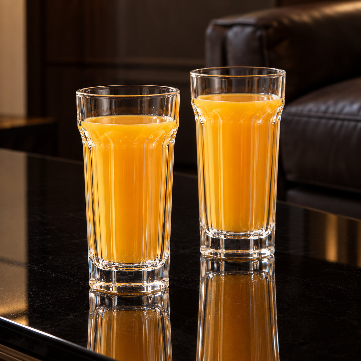 Paneled crystal highball glass in a living room