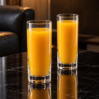 Clear tall highball glass in a living room