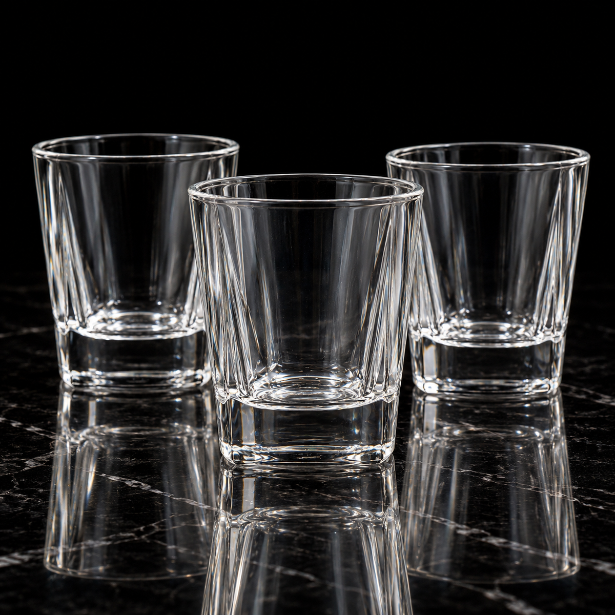 Faceted crystal lowball glass on black marble