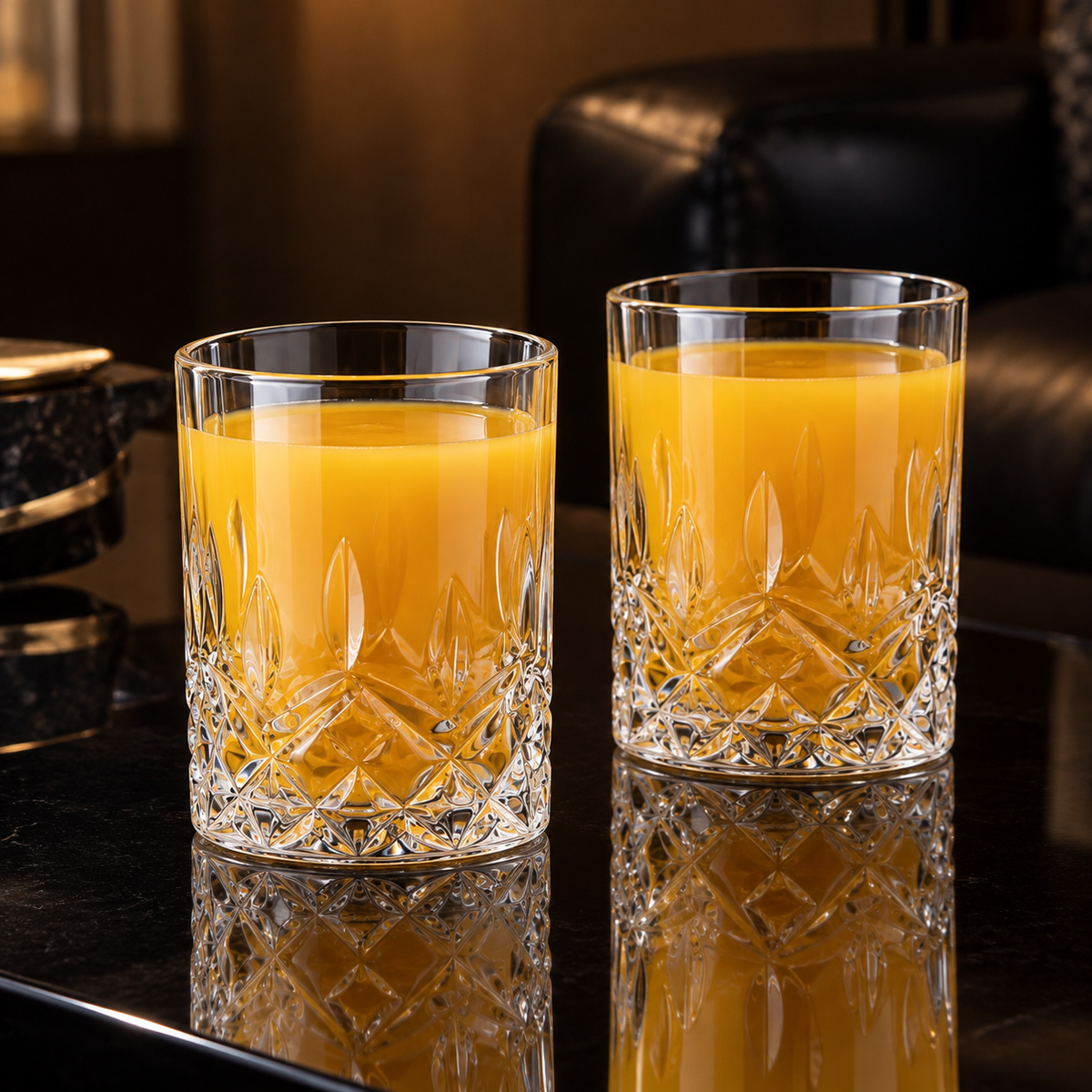 Lowball glasses with mango juice in living room