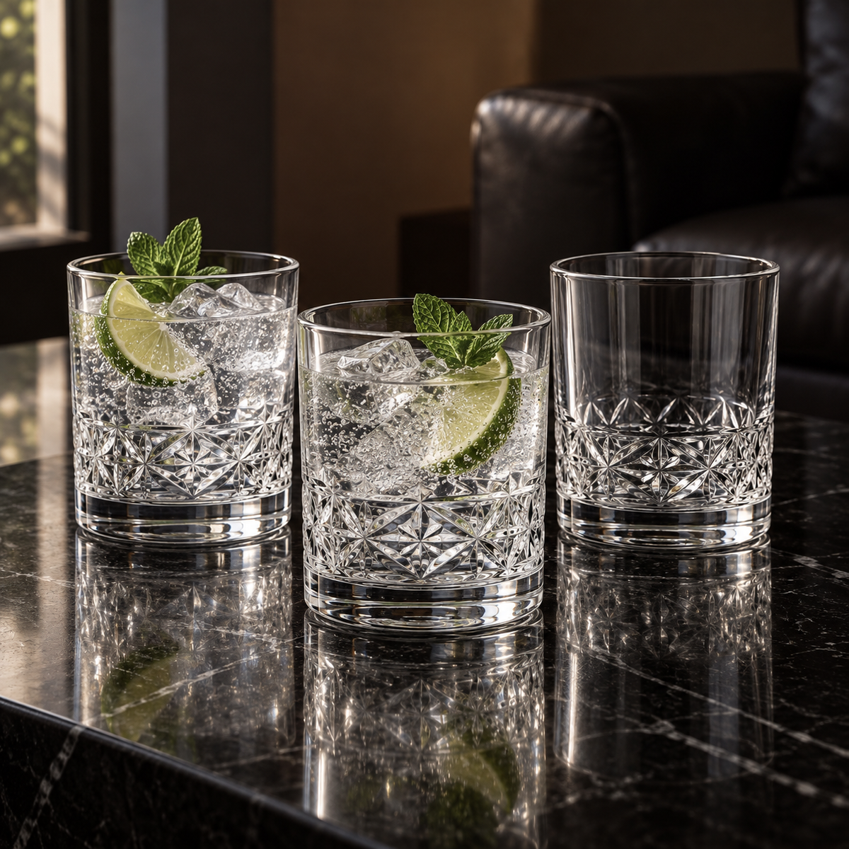 T-214 tumblers with sparkling water, lime and mint in a living room