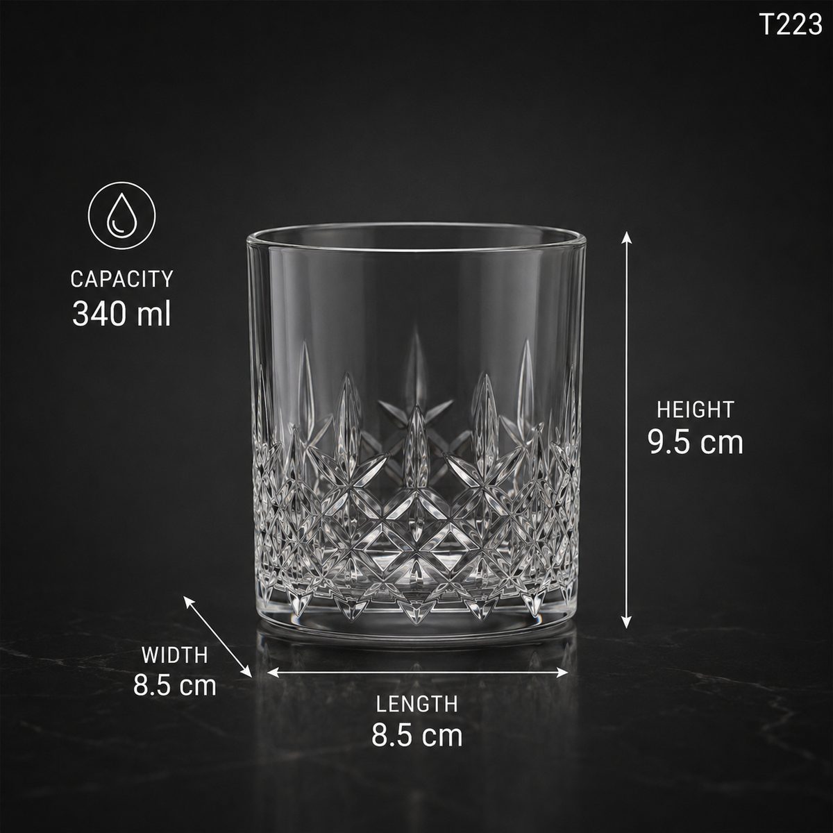 T223 dimensions 340 ml 8.5 x 8.5 x 9.5 cm