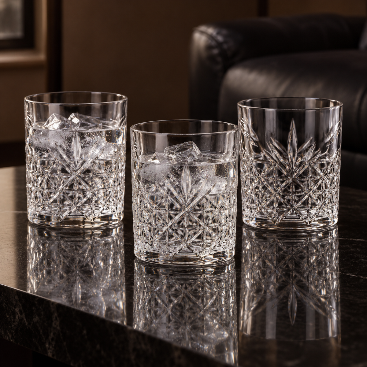T-226 crystal glasses with iced water in a living room setting