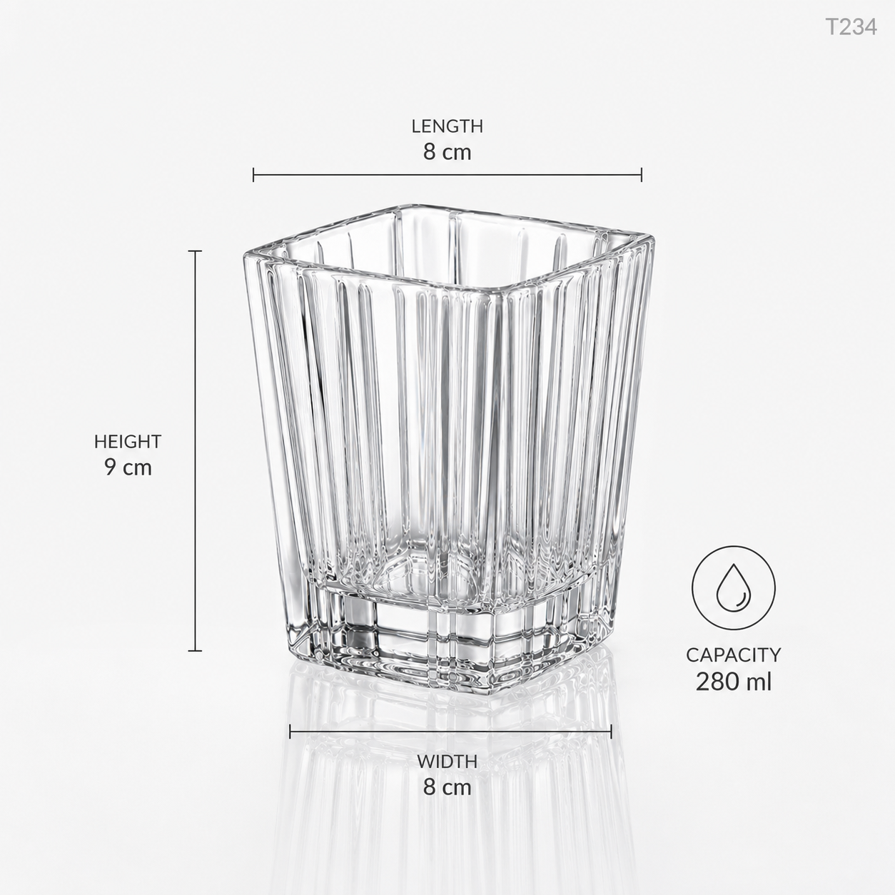 T234 dimensions 280 ml 8 by 8 by 9 cm