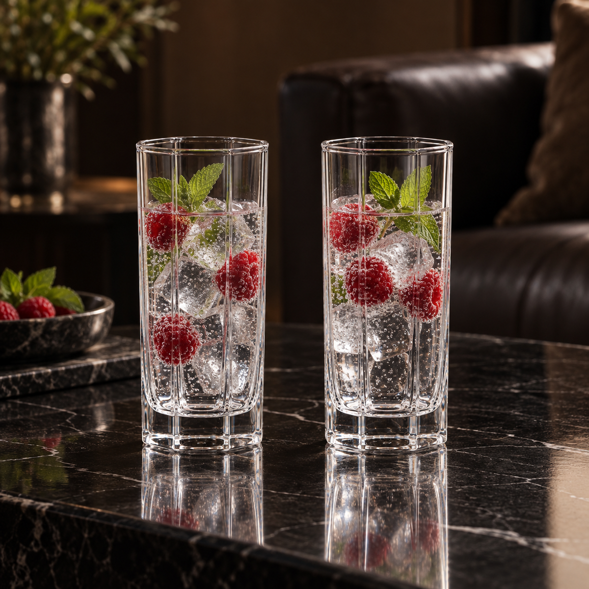 T-306 highball glasses with sparkling water and raspberries