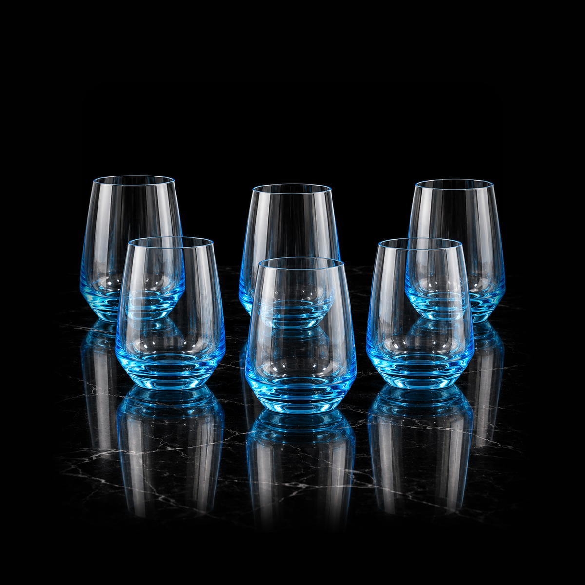 T-312 set of 6 blue glasses on black marble