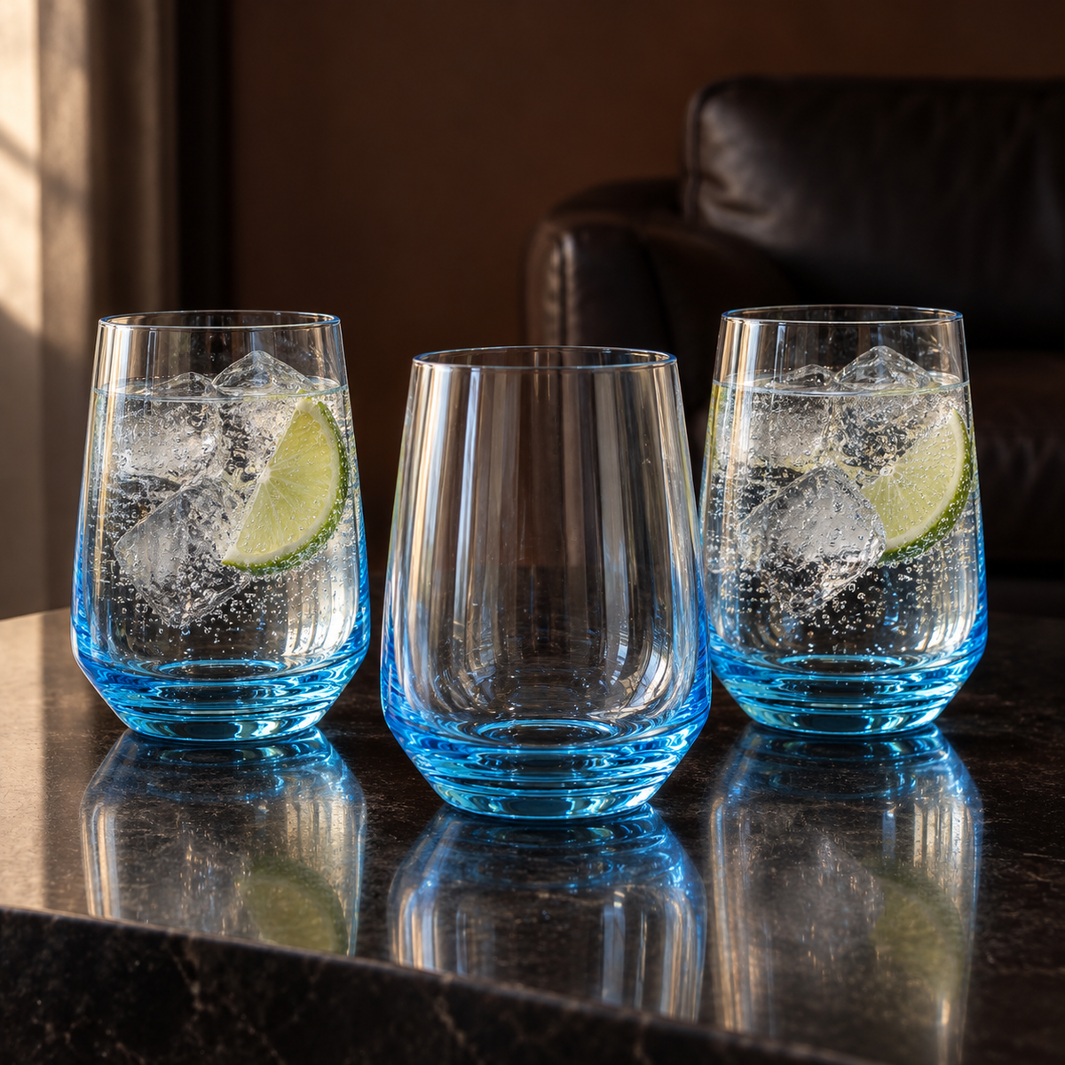 T-312 blue glasses with sparkling water and lime in a living room