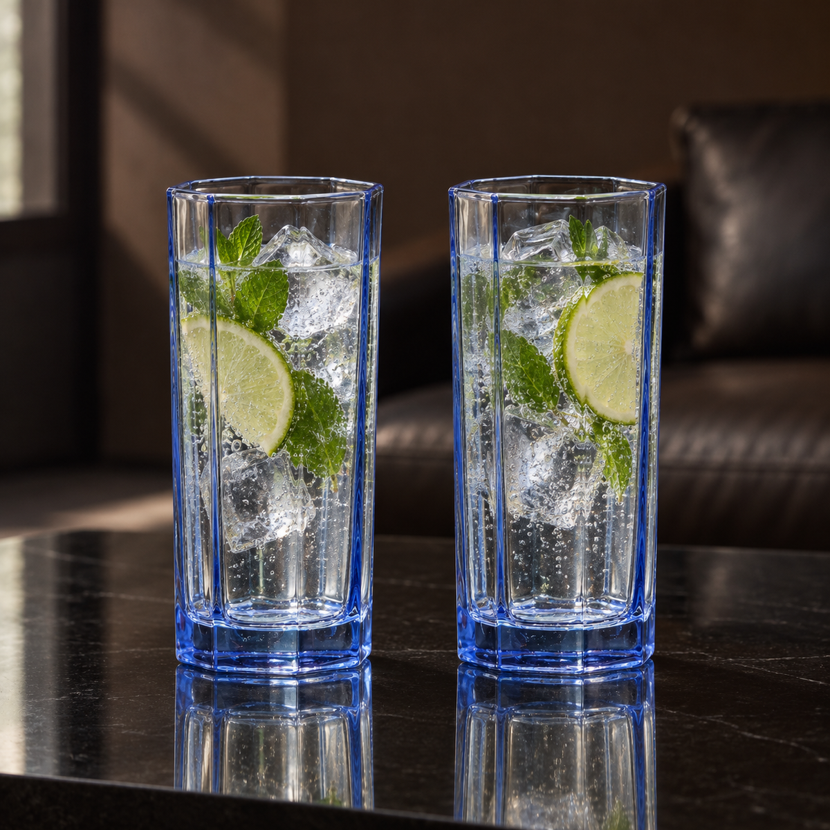 T-401 Highball Glasses with sparkling water, lime and mint in a living room