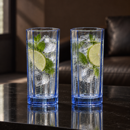 T-401 Highball Glasses with sparkling water, lime and mint in a living room