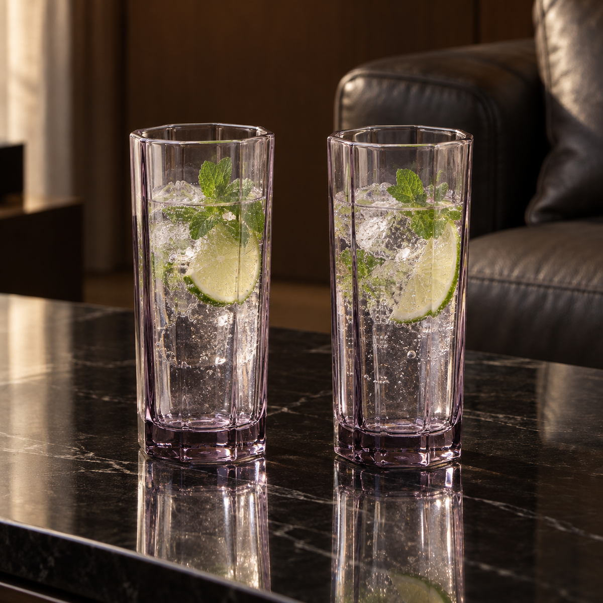 T-404 highball glasses with sparkling water, lime and mint
