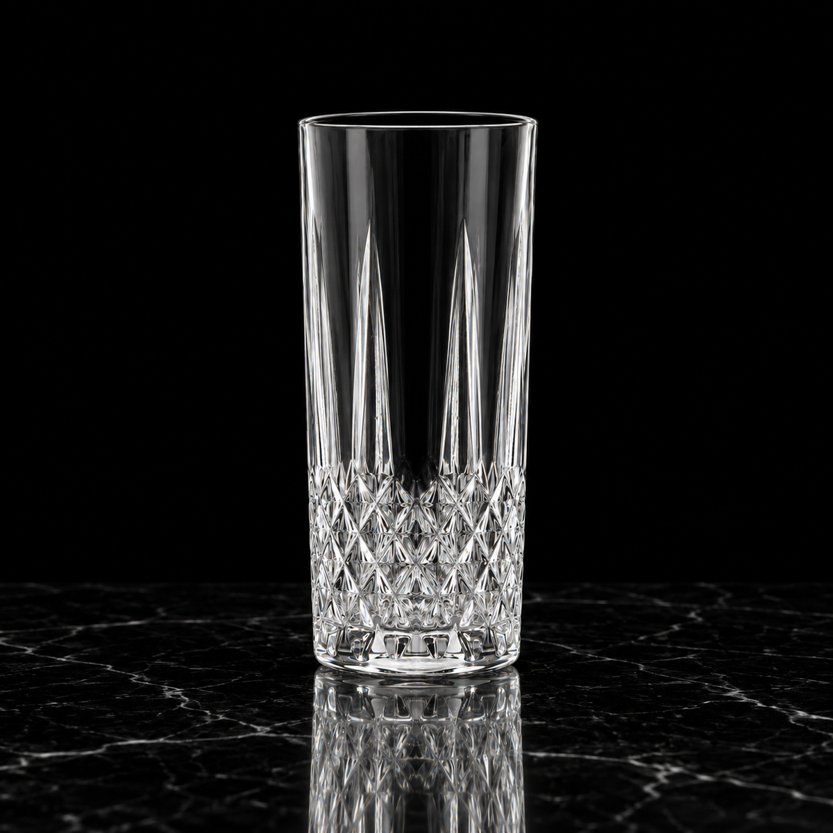 T-414 cut highball glass on black marble