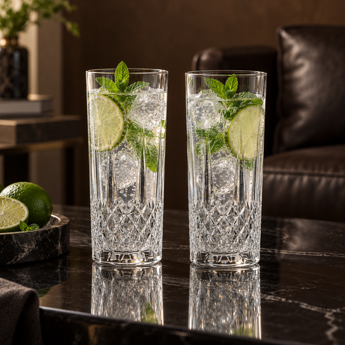 T-414 highball glasses with sparkling water, lime and mint
