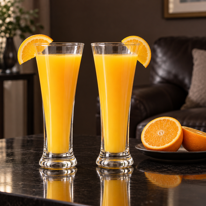 Tall beverage glasses with orange juice in a living room