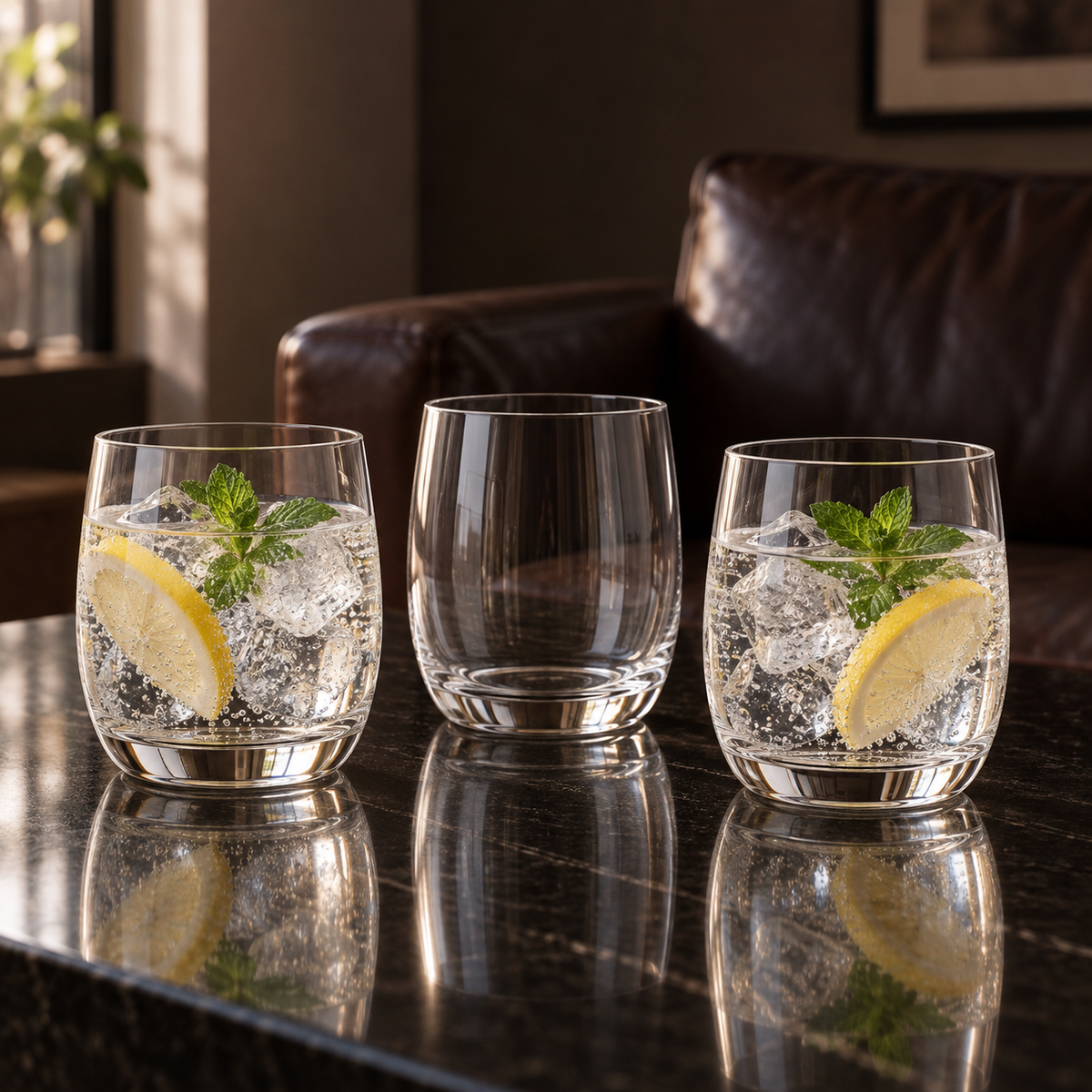 T-501 tumblers with sparkling water, lemon and mint in a living room