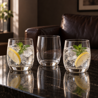 T-501 tumblers with sparkling water, lemon and mint in a living room