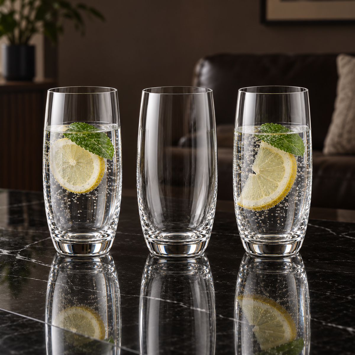 T-503 glasses with sparkling water and lemon in a living room setting