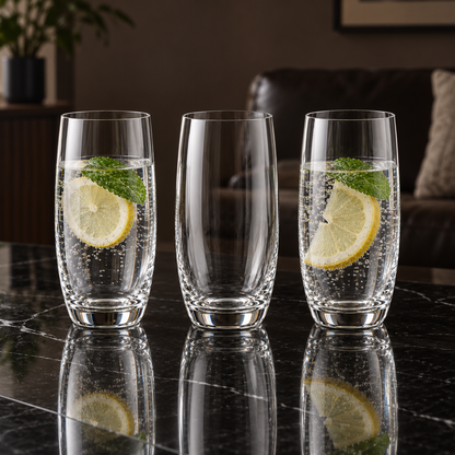 T-503 glasses with sparkling water and lemon in a living room setting