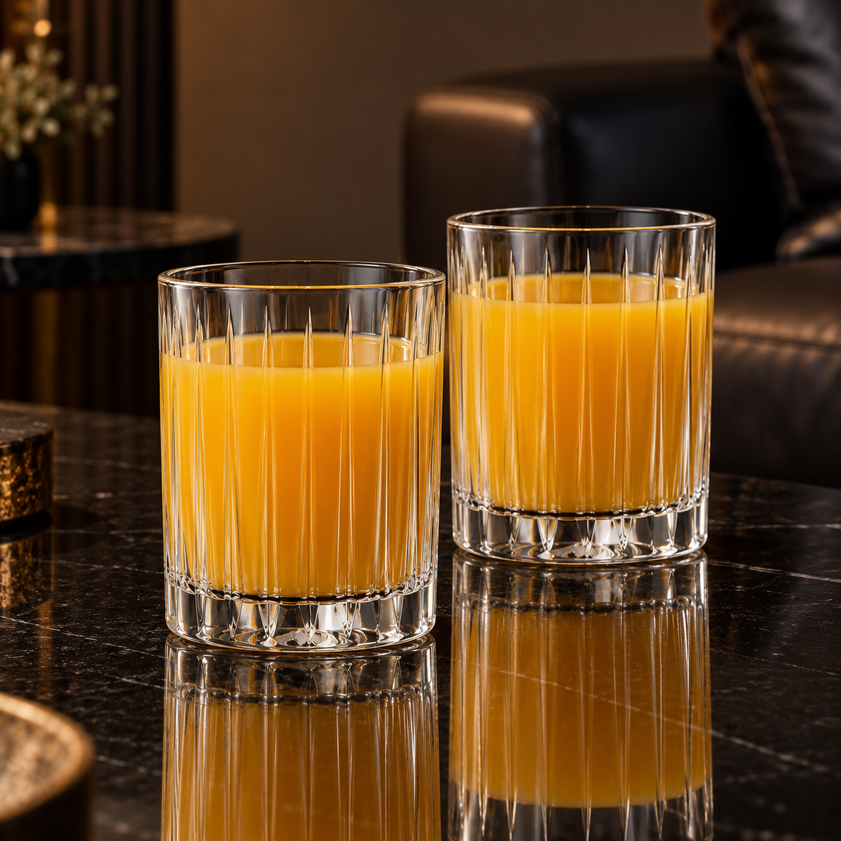 Lowball glasses with orange juice in living room
