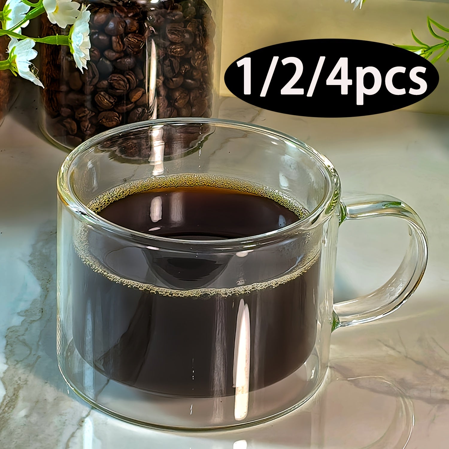 1/2/4pcs 400ml Double-layered Glass Cup With Handle 4