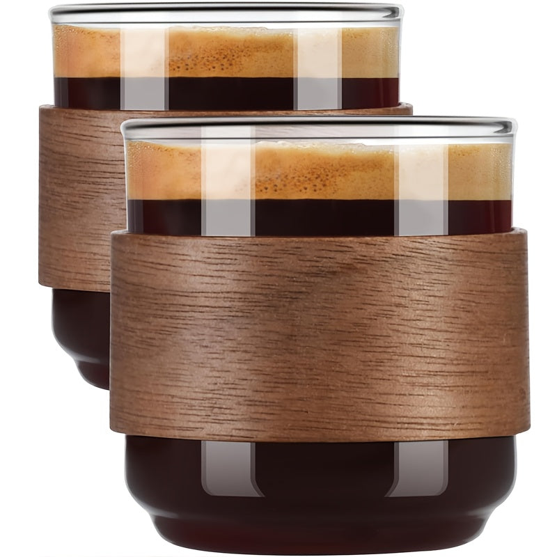 Set Of 2 Glass Coffee Cups With Wooden Heat-Insulating Rings