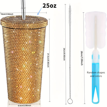 Diamond Insulated Cup Double-Layer Stainless Steel Cup With Straw Stick-On Crystals Rhinestone Coffee Cup Gift Cup Rhinestone-Encrusted 7